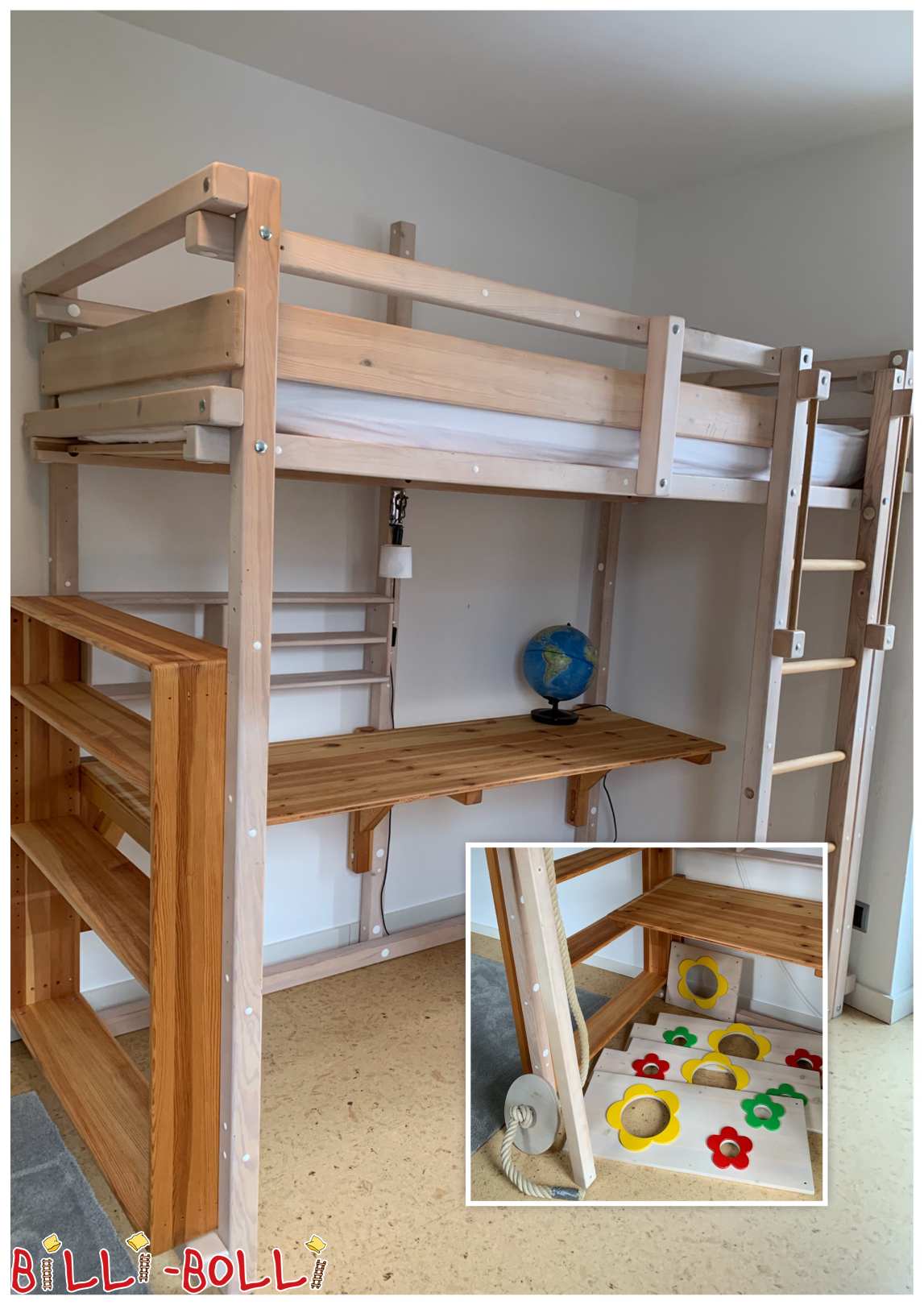 Mitwachsendes Hochbett mit Blüten-Themenbrettern in Kiefer weiß lasier (Kategorie: Hochbett mitwachsend gebraucht)