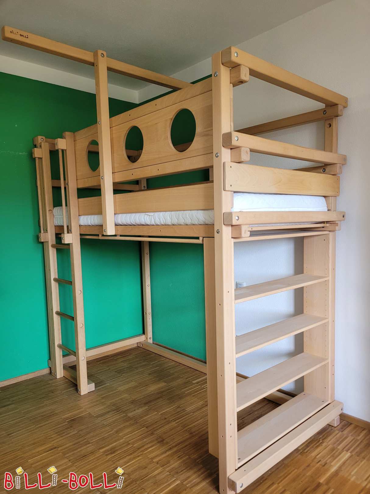 Mitwachsendes Hochbett mit Bullaugen in Buche, unbehandelt (Kategorie: Hochbett mitwachsend gebraucht)