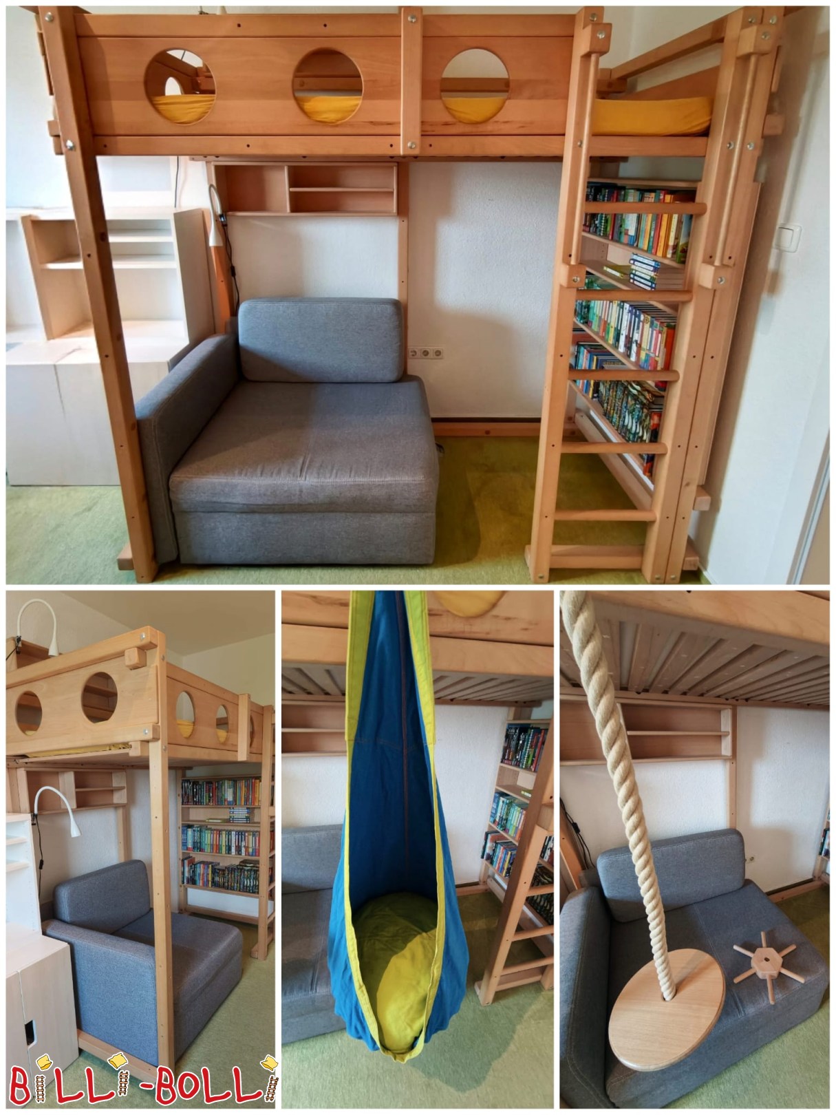 Mitwachsendes Hochbett mit Bullaugenbrettern in Buche unbehandelt (Kategorie: Hochbett mitwachsend gebraucht)