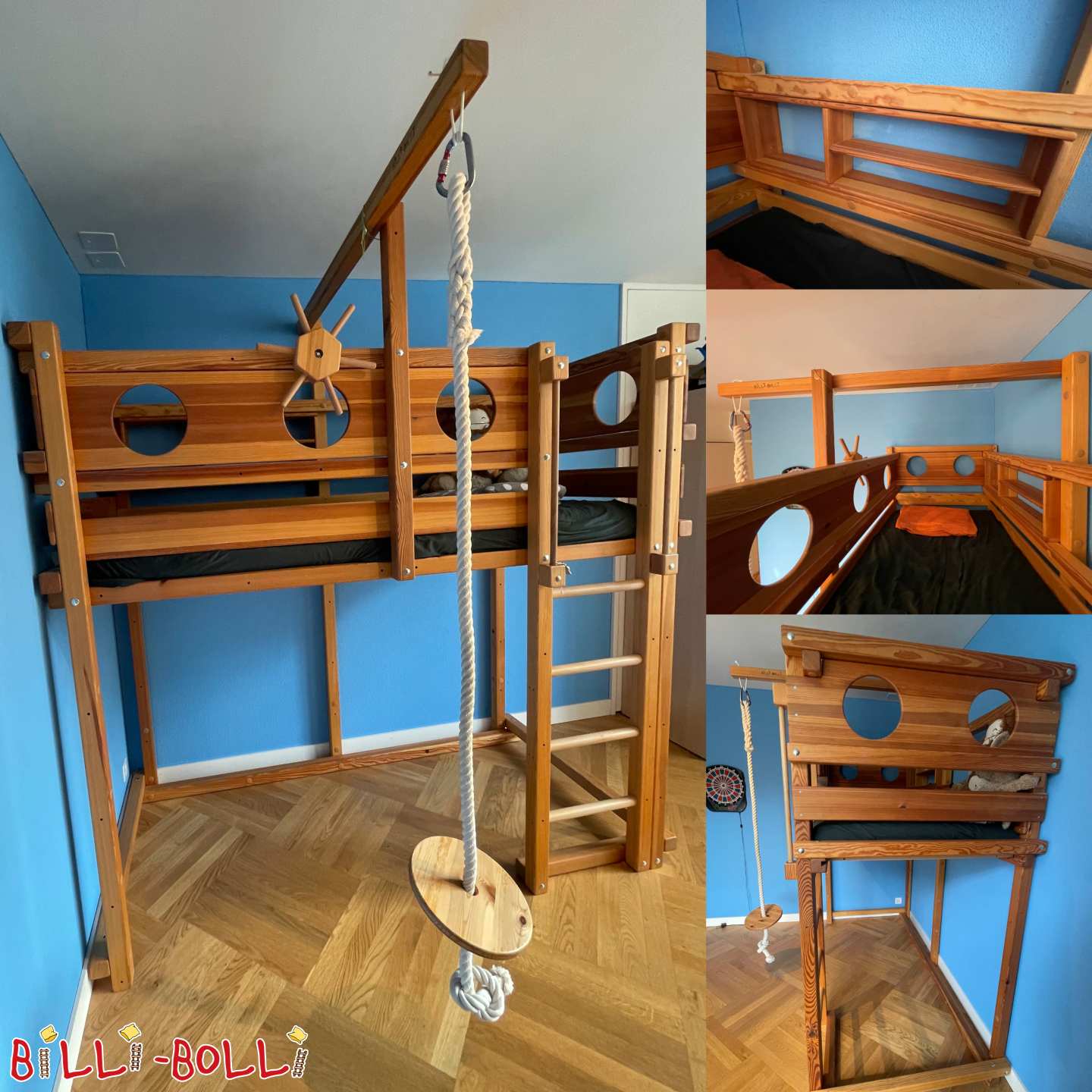 Mitwachsendes Hochbett mit Bullaugenbrettern, Schaukel, Boxsack (Kategorie: Hochbett mitwachsend gebraucht)