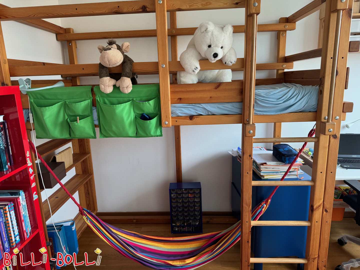 Mitwachsendes Hochbett mit Bullenaugen-Themenbrettern in Kiefer, geölt (Kategorie: Hochbett mitwachsend gebraucht)