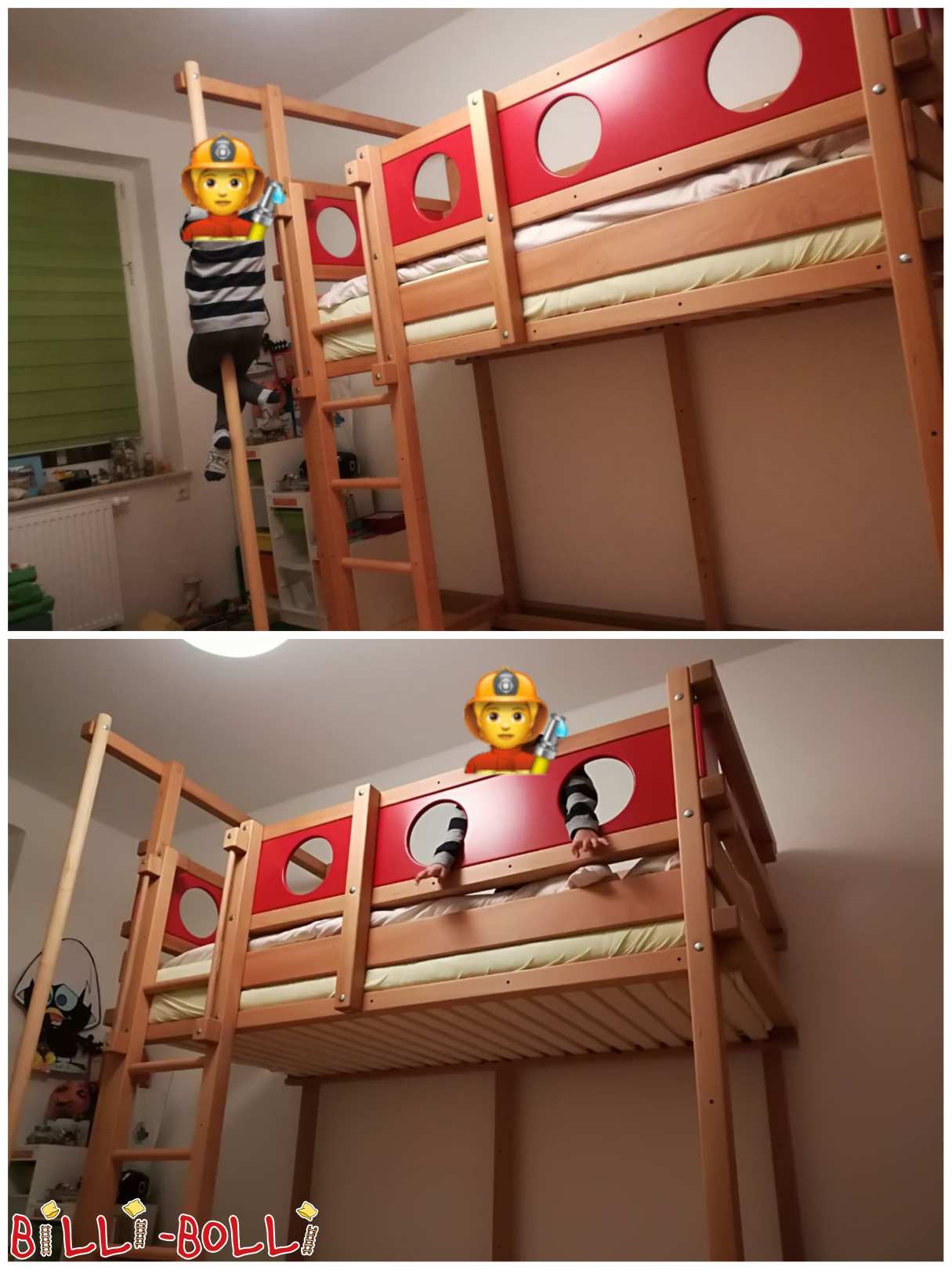 Mitwachsendes Hochbett mit Feuerwehrstange und mit roten Kojenbrettern (Kategorie: Hochbett mitwachsend gebraucht)