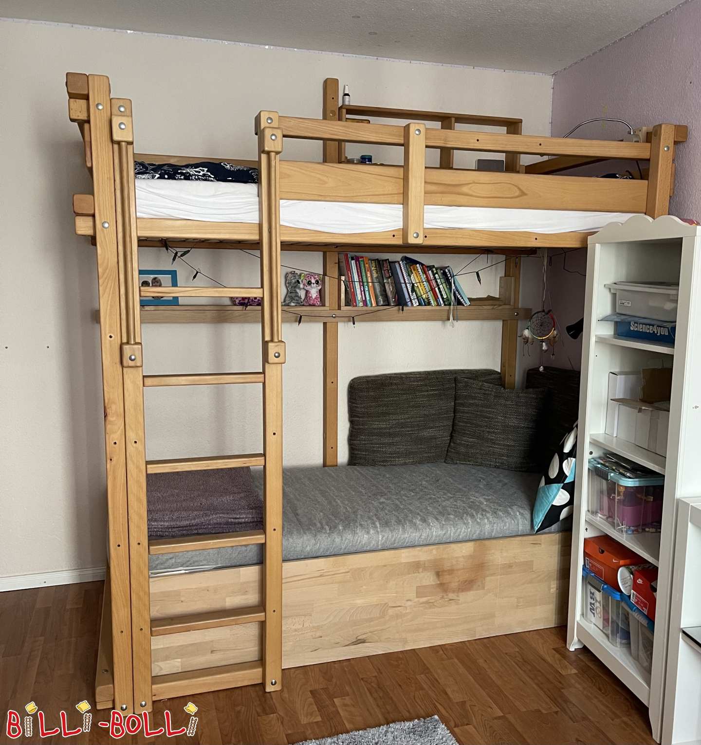 Mitwachsendes Hochbett mit Kojenbrett und Hängesitz (Kategorie: Hochbett mitwachsend gebraucht)