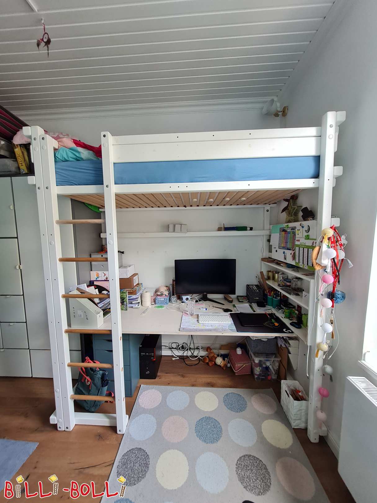 Mitwachsendes Hochbett mit Kojenbrettern, Schaukelteller u. Steuerrad (Kategorie: Hochbett mitwachsend gebraucht)