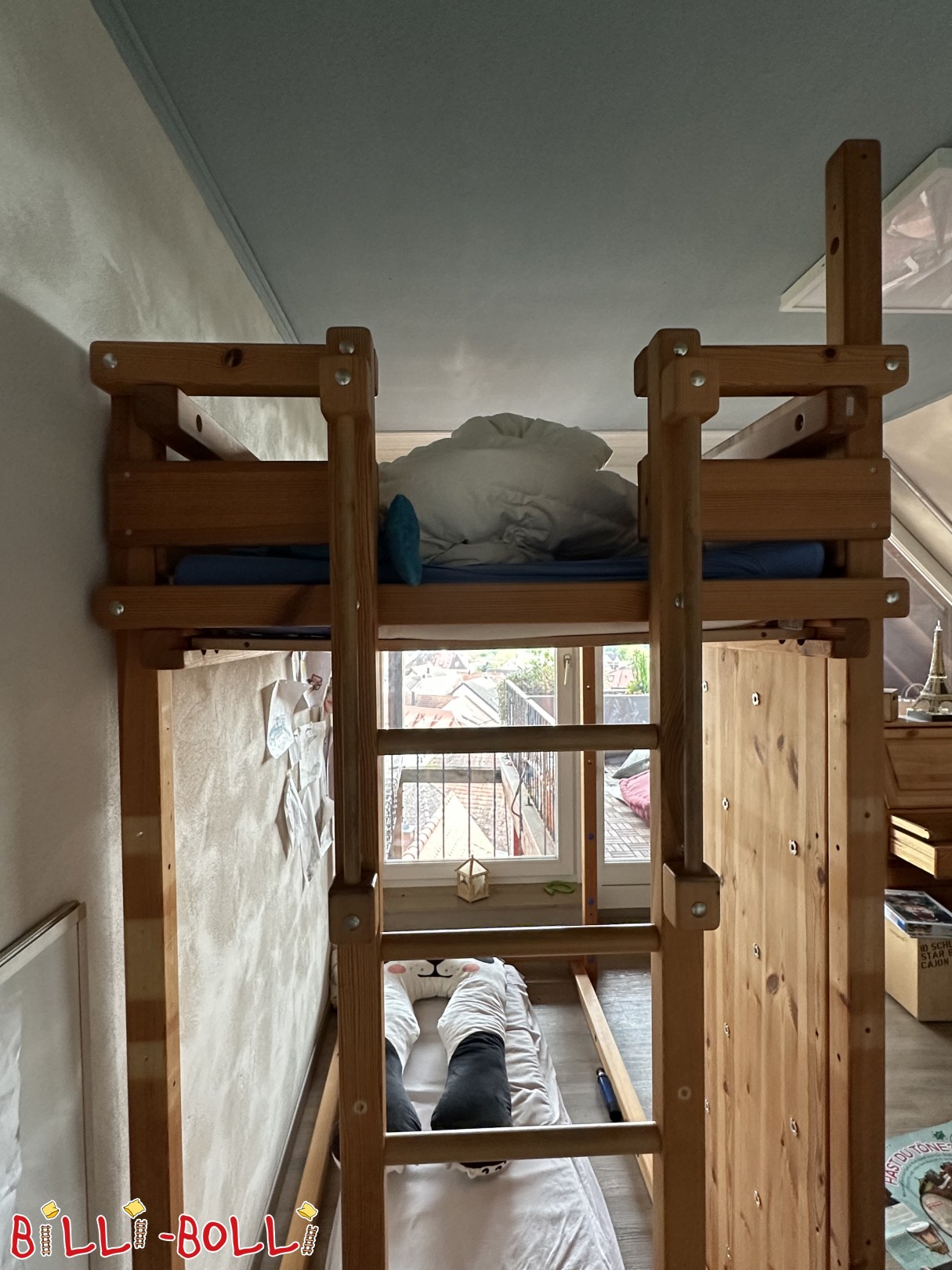 Mitwachsendes Hochbett mit Kran, Schaukelbalken und Kletterwand (Kategorie: Hochbett mitwachsend gebraucht)