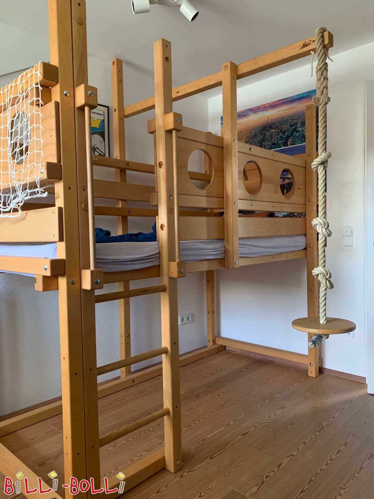 Mitwachsendes Hochbett mit "Piraten"-Themenbrettern in Buche geölt (Kategorie: Hochbett mitwachsend gebraucht)