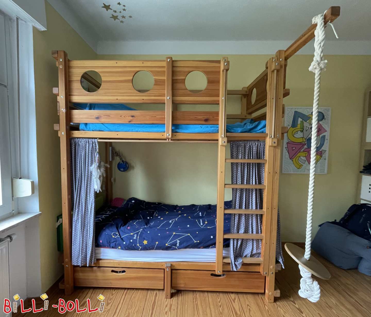 Mitwachsendes Hochbett mit Spielboden und Bettkästen in Kiefer (Kategorie: Hochbett mitwachsend gebraucht)