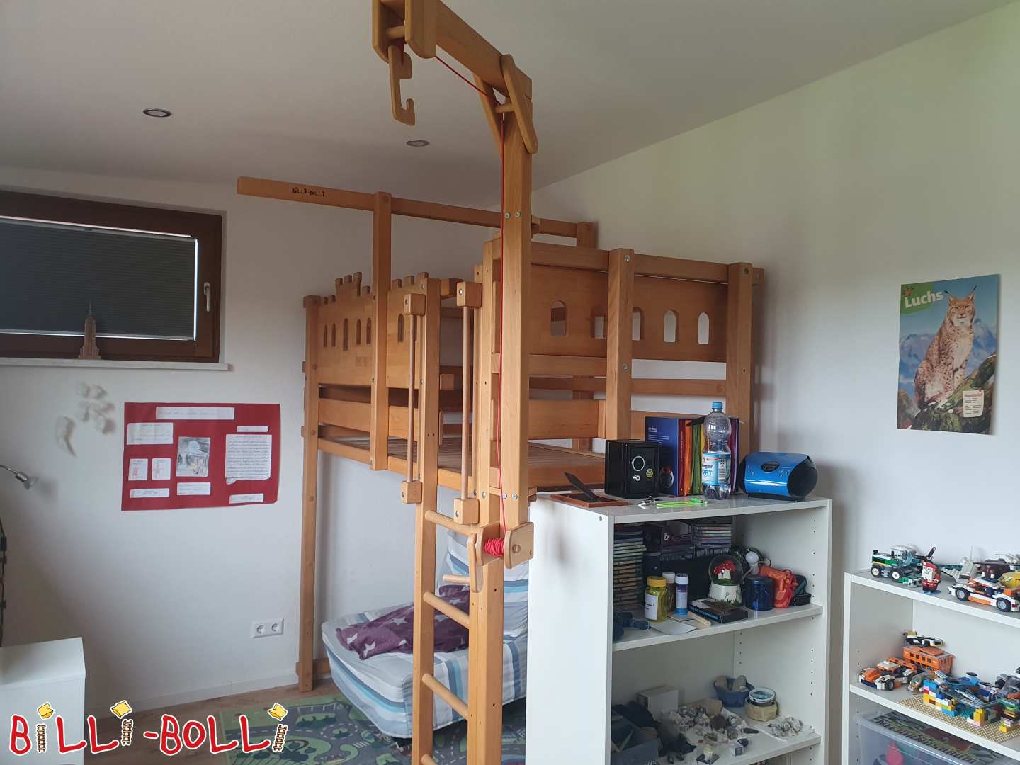 Mitwachsendes Hochbett mit Spielkran und Ritterburgbrettern in Buche (Kategorie: Hochbett mitwachsend gebraucht)
