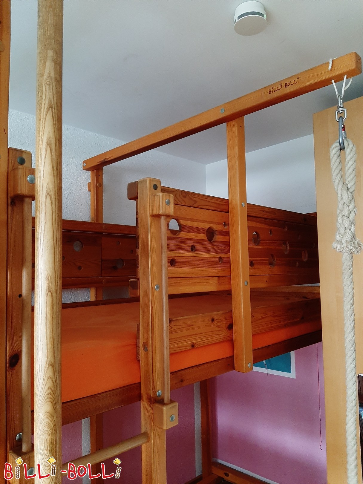 Miwachsendes Hochbett mit Mäusebrett 100x200 cm mit Kletterseil (Kategorie: Hochbett mitwachsend gebraucht)