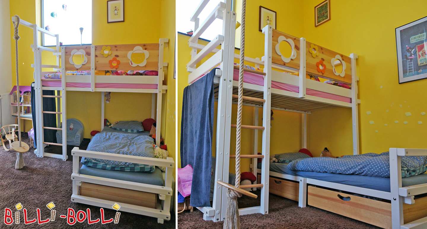 Etagenbett über Eck, weiß lackiert, mit Blumen und Schaukel, Tilburg/NL (Kategorie: Etagenbett-über-Eck gebraucht)