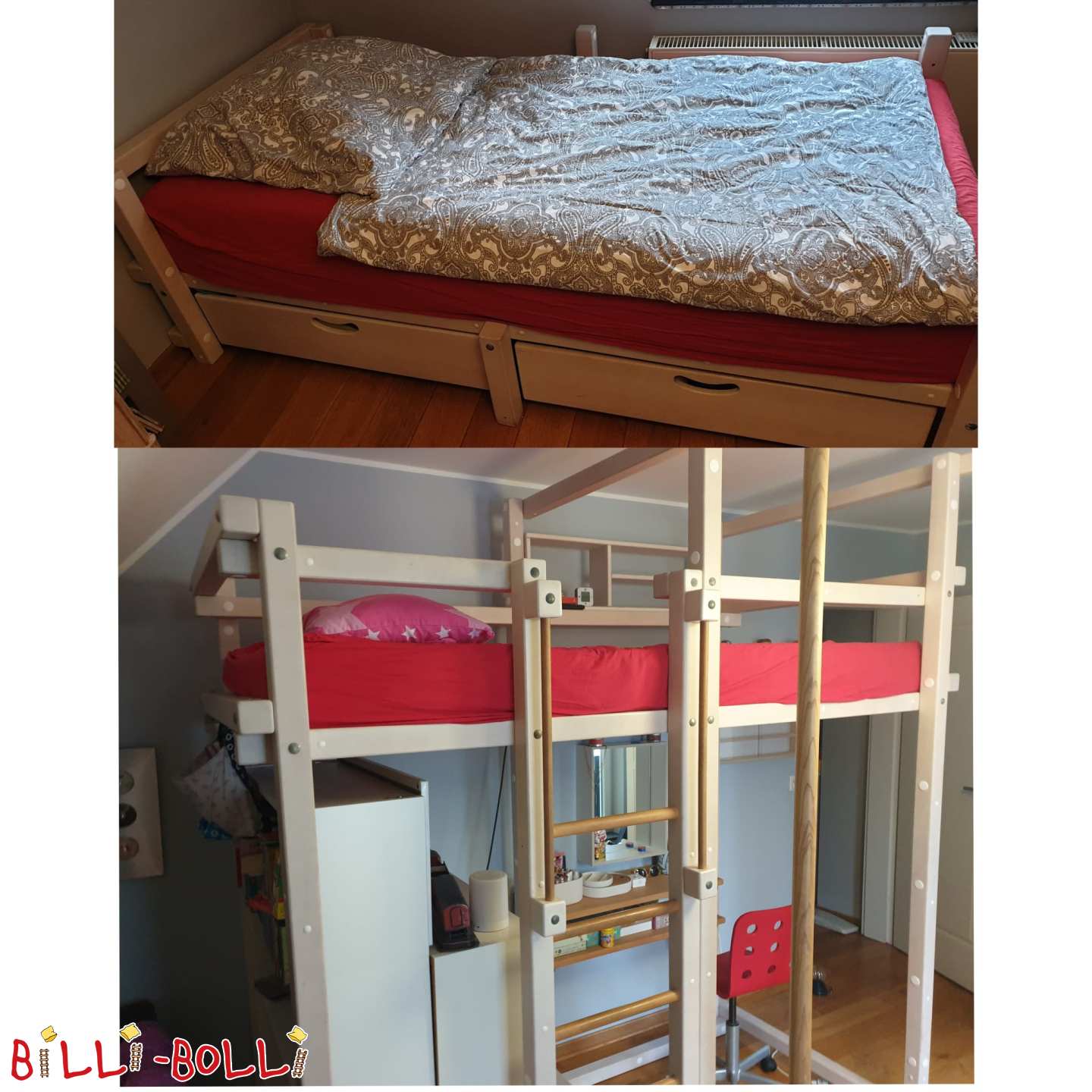 Seitlich versetztes Etagenbett, Hochbett/Jugendbett Buche weiß lasiert (Kategorie: Etagenbett-seitlich-versetzt gebraucht)