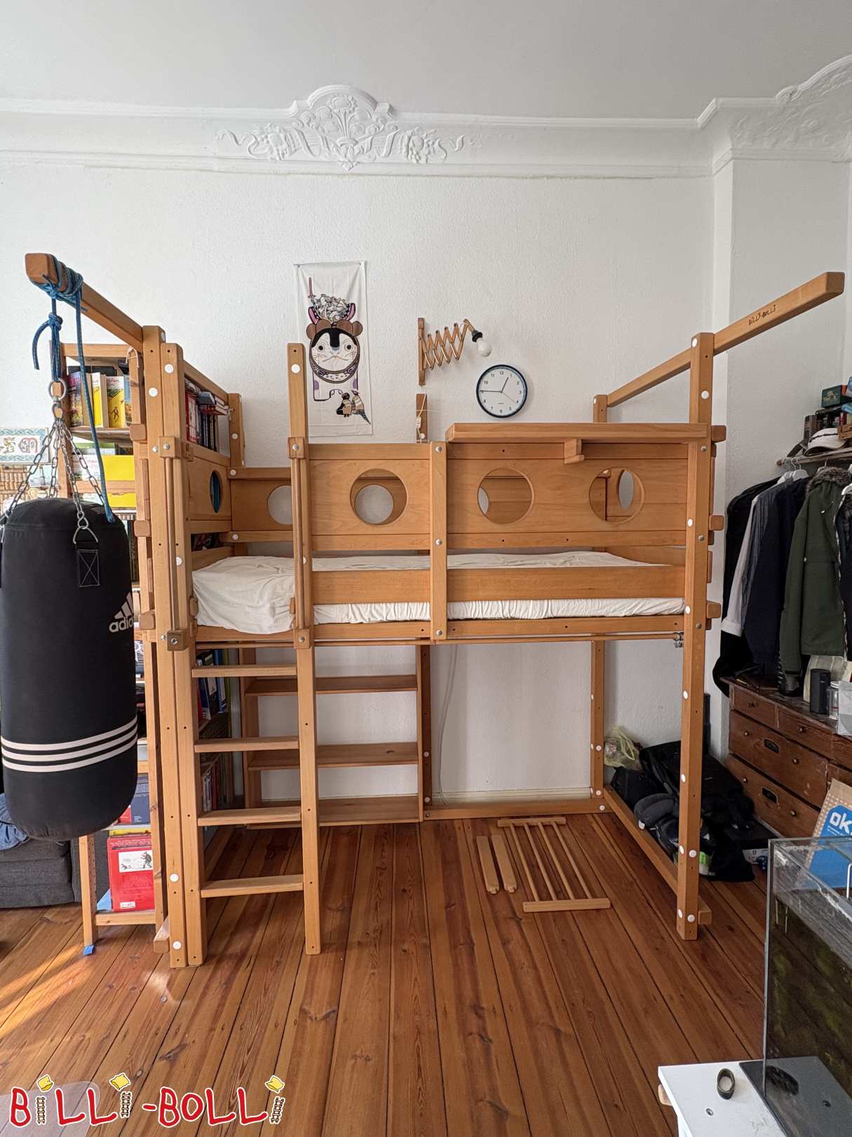 Studenten-Hochbett mitwachsend 90x200 Buche geölt-gewachst mit Zubehör (Kategorie: Studenten-Hochbett gebraucht)