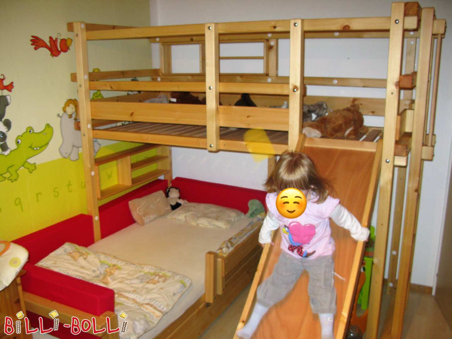 Etagenbett-über Eck mit Rutsche, 2 Lattenroste und Bettkastenbett (Kategorie: Etagenbett-über-Eck gebraucht)